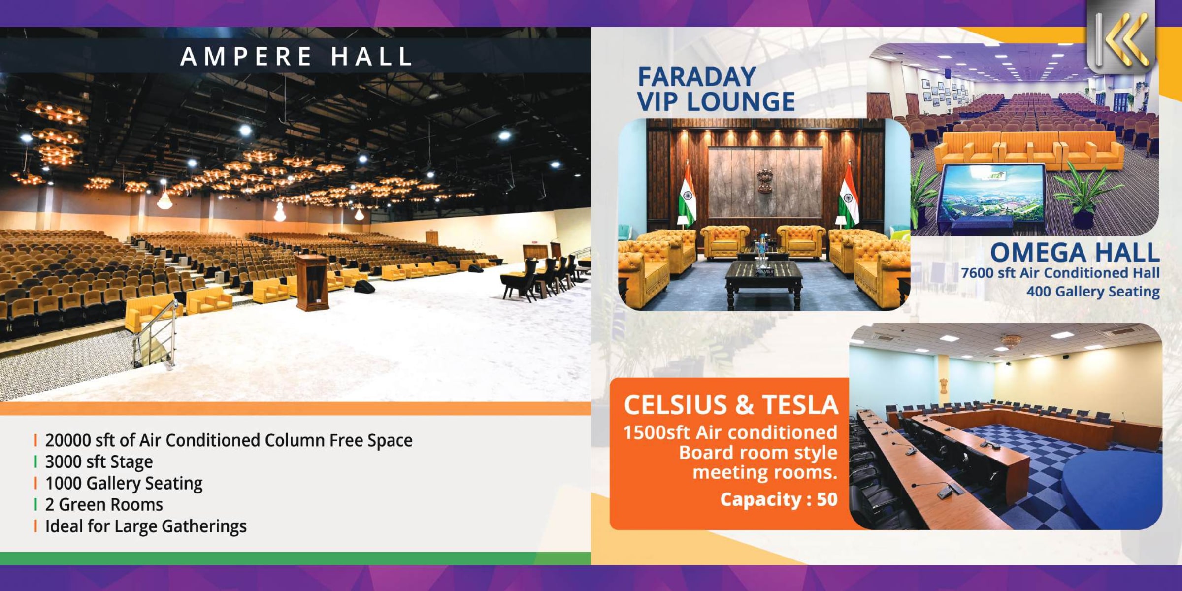 Ampere Hall, Ideal for large gatherings with 1000 seating and Celius, Telsa for meeting rooms with capacity 50 seating available at World Trade Centre